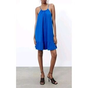 Zara Linen Blue Ruffle‎ Hem Mini Dress Size XSmall